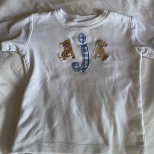 Appliqué gingham “j” with monogrammed puppies T-shirt